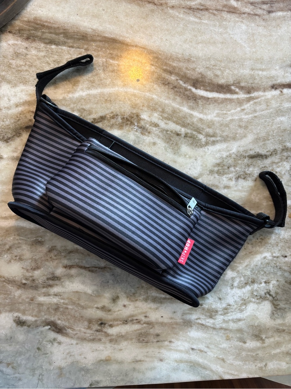 SKIP HOP - Striped Black Travel Stroller Caddy / Bag with Front Pocket